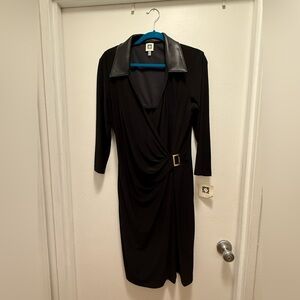 Black Long Sleeve Dress with Leather Collar